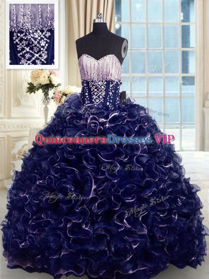 Navy Blue Organza Lace Up Quinceanera Dresses Sleeveless With Brush Train Beading and Ruffles - Click Image to Close