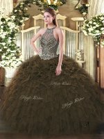 Unique Floor Length Olive Green Quinceanera Dress Halter Top Sleeveless Lace Up