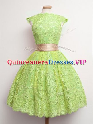 Artistic Yellow Green Lace Lace Up High-neck Cap Sleeves Knee Length Dama Dress for Quinceanera Belt