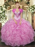 Rose Pink 15 Quinceanera Dress Military Ball and Sweet 16 and Quinceanera with Beading and Ruffles Sweetheart Sleeveless Lace Up