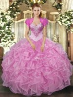 Rose Pink 15 Quinceanera Dress Military Ball and Sweet 16 and Quinceanera with Beading and Ruffles Sweetheart Sleeveless Lace Up(SKU SJQDDT1292002-2BIZ)