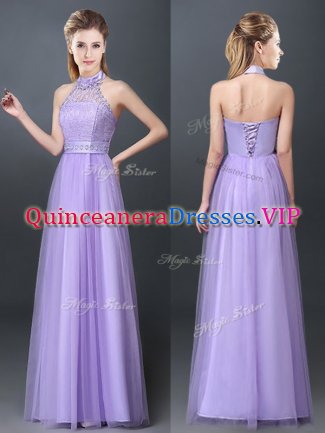 Glittering Tulle Halter Top Sleeveless Lace Up Lace and Appliques Dama Dress in Lavender