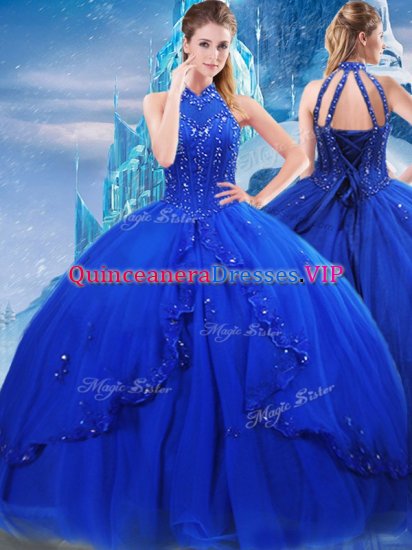 Brush Train Ball Gowns Ball Gown Prom Dress Royal Blue High-neck Tulle Sleeveless Lace Up - Click Image to Close