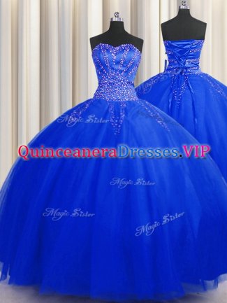 Clearance Puffy Skirt Sweetheart Sleeveless Quinceanera Gowns Floor Length Beading Royal Blue Tulle