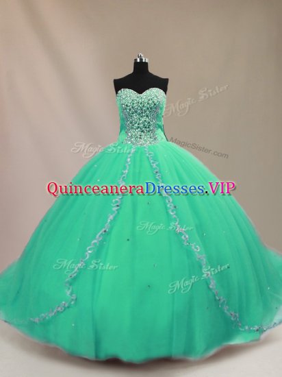 Attractive Sleeveless Tulle Court Train Lace Up Quinceanera Dress in Turquoise with Beading - Click Image to Close