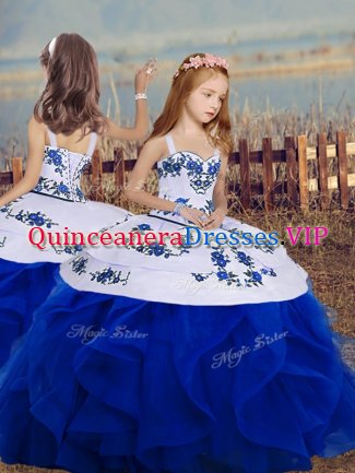 Royal Blue Ball Gowns Organza Straps Sleeveless Embroidery and Ruffles Floor Length Backless Pageant Gowns For Girls