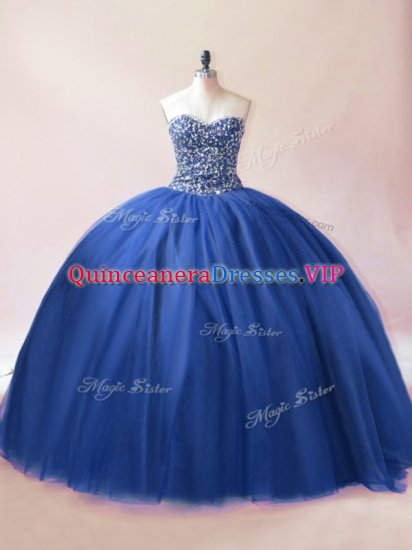 Sweetheart Sleeveless Sweet 16 Dresses Floor Length Beading Blue Tulle - Click Image to Close