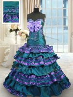 Stylish Sweetheart Sleeveless Taffeta Sweet 16 Dresses Appliques and Ruffled Layers and Bowknot Sweep Train Lace Up