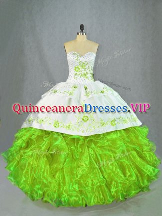 Custom Designed Green Ball Gowns Satin and Organza Sweetheart Sleeveless Beading and Embroidery Lace Up 15 Quinceanera Dress Brush Train
