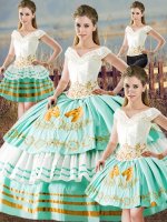 Sleeveless Floor Length Embroidery and Ruffled Layers Lace Up Quinceanera Gown with Apple Green