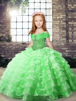 Hot Sale Organza Lace Up Little Girl Pageant Dress Sleeveless Brush Train Beading and Ruffled Layers