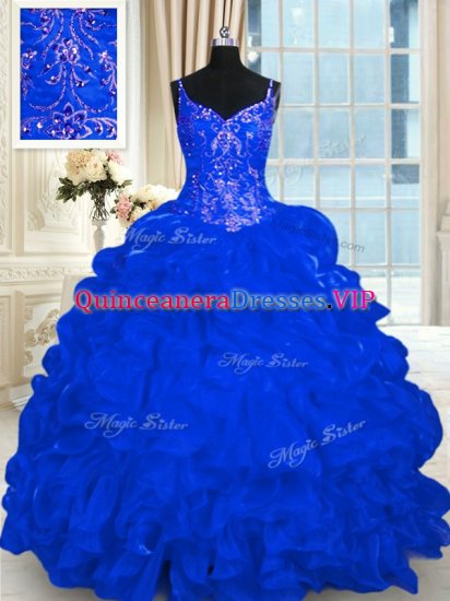 Spectacular Royal Blue Ball Gowns Beading and Embroidery and Ruffles and Pick Ups Vestidos de Quinceanera Lace Up Organza Sleeveless - Click Image to Close