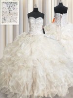 Champagne Organza Lace Up Sweetheart Sleeveless Floor Length Quinceanera Gowns Beading and Lace and Ruffles