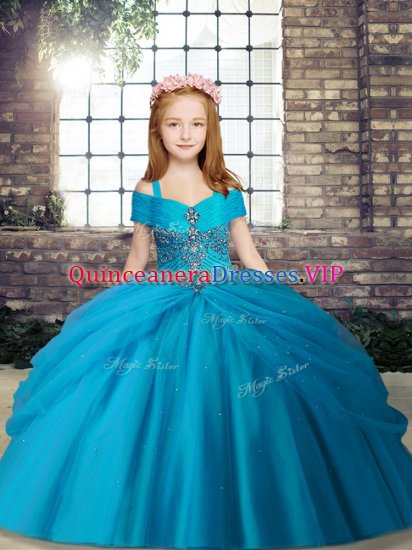 Nice Straps Sleeveless Little Girls Pageant Dress Wholesale Floor Length Beading Baby Blue Tulle - Click Image to Close
