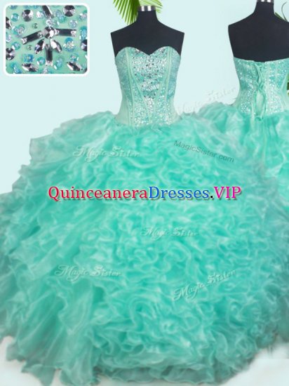 Turquoise Ball Gowns Sweetheart Sleeveless Organza Floor Length Lace Up Beading and Ruffles Military Ball Dresses For Women - Click Image to Close