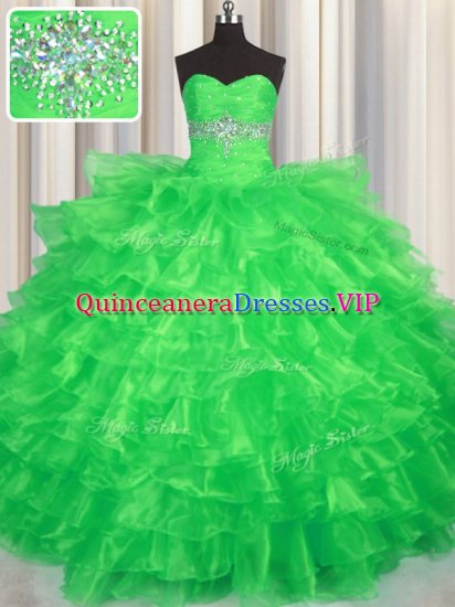 Green Ball Gowns Sweetheart Sleeveless Organza Floor Length Lace Up Beading and Ruffled Layers 15 Quinceanera Dress - Click Image to Close