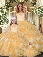Perfect Gold Quinceanera Gown Military Ball and Sweet 16 and Quinceanera with Lace and Ruffles Scoop Sleeveless Clasp Handle