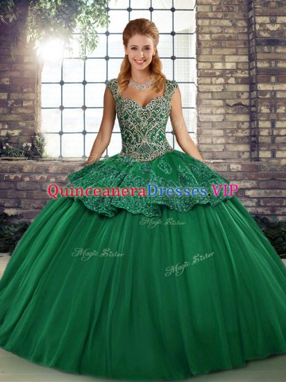 Amazing Straps Sleeveless Quinceanera Dresses Floor Length Beading and Appliques Green Tulle - Click Image to Close