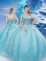 Admirable Aqua Blue Scoop Lace Up Beading Quince Ball Gowns Brush Train Sleeveless