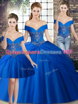 Exquisite Royal Blue Lace Up Sweet 16 Quinceanera Dress Beading and Pick Ups Sleeveless Brush Train