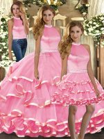 Eye-catching Pink Backless 15th Birthday Dress Beading and Ruffled Layers Sleeveless Floor Length