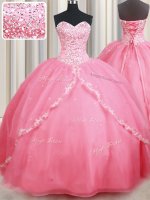 Sweetheart Sleeveless Organza Sweet 16 Dresses Beading and Appliques Brush Train Lace Up