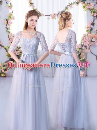 Grey Empire V-neck Half Sleeves Tulle Floor Length Lace Up Lace Vestidos de Damas