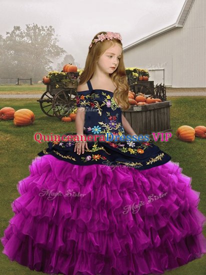 Classical Fuchsia Organza Lace Up Straps Sleeveless Floor Length Child Pageant Dress Embroidery and Ruffled Layers - Click Image to Close