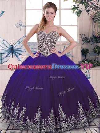 Cute Sweetheart Sleeveless Tulle Quince Ball Gowns Beading and Embroidery Lace Up