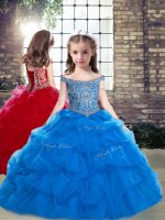 Ball Gowns Little Girls Pageant Gowns Blue Off The Shoulder Organza Sleeveless Floor Length Lace Up