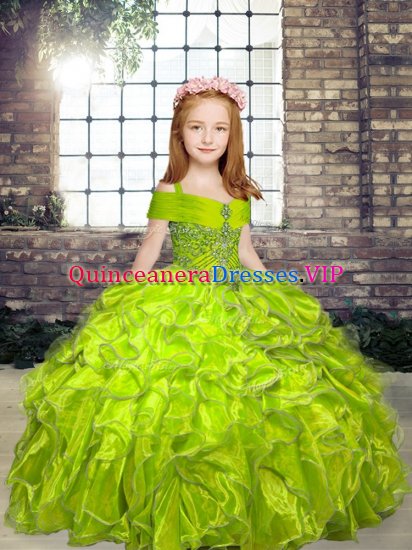 Olive Green Ball Gowns Straps Sleeveless Organza Floor Length Lace Up Beading Girls Pageant Dresses - Click Image to Close