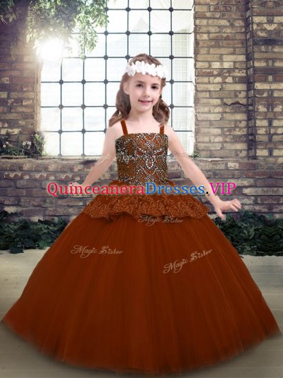 Unique Beading and Lace Girls Pageant Dresses Rust Red Lace Up Sleeveless Floor Length - Click Image to Close
