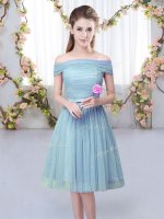 Custom Made Blue Empire Off The Shoulder Short Sleeves Tulle Knee Length Lace Up Belt Quinceanera Court of Honor Dress(SKU BMT0416-3BIZ)