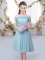 Custom Made Blue Empire Off The Shoulder Short Sleeves Tulle Knee Length Lace Up Belt Quinceanera Court of Honor Dress