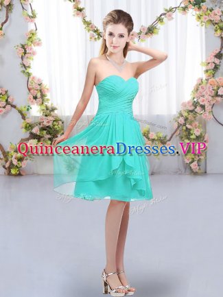Beauteous Turquoise Lace Up Quinceanera Dama Dress Ruffles and Ruching Sleeveless Knee Length