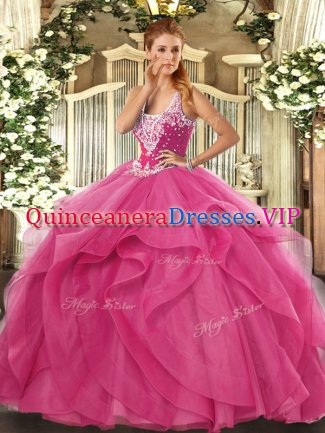Straps Sleeveless Tulle 15 Quinceanera Dress Beading and Ruffles Lace Up