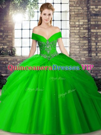 Fitting Tulle Off The Shoulder Sleeveless Brush Train Lace Up Beading and Pick Ups Quinceanera Gown in Green