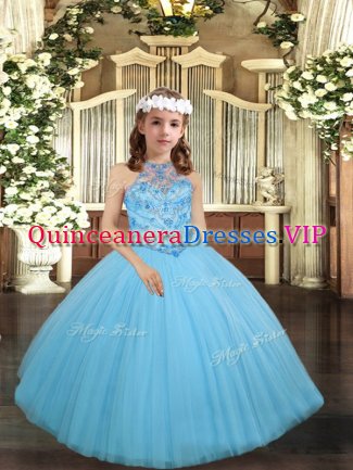 Aqua Blue Lace Up Kids Formal Wear Beading Sleeveless Floor Length