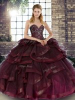 Unique Ball Gowns 15th Birthday Dress Burgundy Sweetheart Tulle Sleeveless Floor Length Lace Up