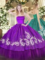 Dramatic Purple Strapless Neckline Embroidery Sweet 16 Quinceanera Dress Sleeveless Zipper