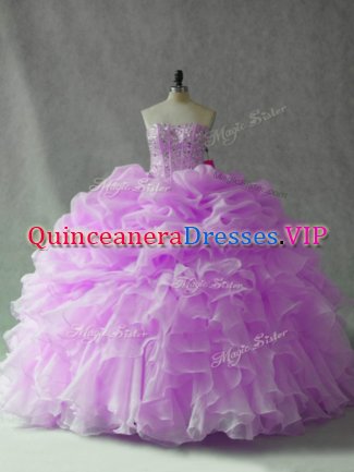 Popular Beading and Ruffles and Pick Ups Quinceanera Dress Lilac Lace Up Sleeveless Brush Train