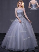Most Popular Scoop Cap Sleeves Beading and Belt Lace Up 15th Birthday Dress