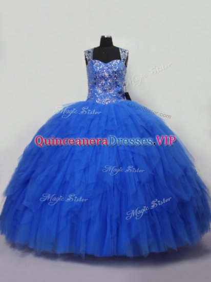 Hot Selling Blue Ball Gowns Tulle Straps Sleeveless Beading and Ruffles Floor Length Lace Up Sweet 16 Dress - Click Image to Close