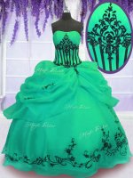 Ideal Floor Length Lace Up 15th Birthday Dress Green for Military Ball and Sweet 16 and Quinceanera with Embroidery
