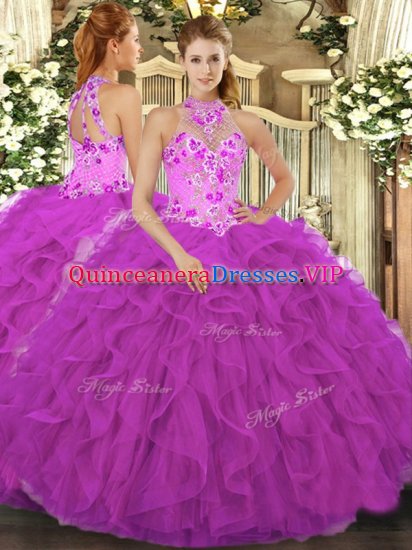 Sweet Fuchsia Sleeveless Beading and Embroidery and Ruffles Floor Length Vestidos de Quinceanera - Click Image to Close
