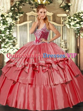 High Class Straps Sleeveless Lace Up Quince Ball Gowns Coral Red Organza and Taffeta