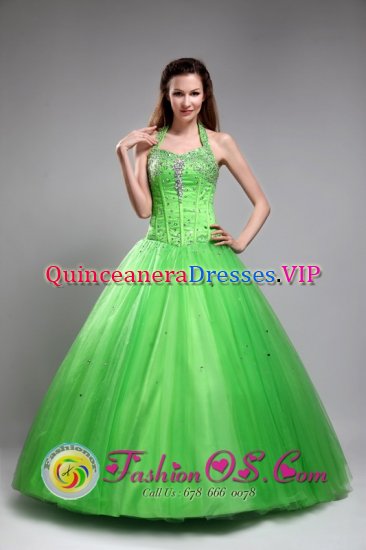 Halter Top Beaded Decorate Tulle A-line Amazing Spring GreenQuinceanera Dresses In Harrah Oklahoma/OK - Click Image to Close