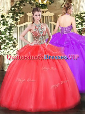 Sweet Coral Red Sweet 16 Dresses Military Ball and Sweet 16 and Quinceanera with Beading and Ruffles Halter Top Sleeveless Lace Up