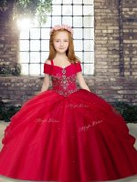 Beading Little Girls Pageant Gowns Red Lace Up Sleeveless Floor Length