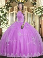Lilac Lace Up High-neck Beading and Appliques 15th Birthday Dress Tulle Sleeveless